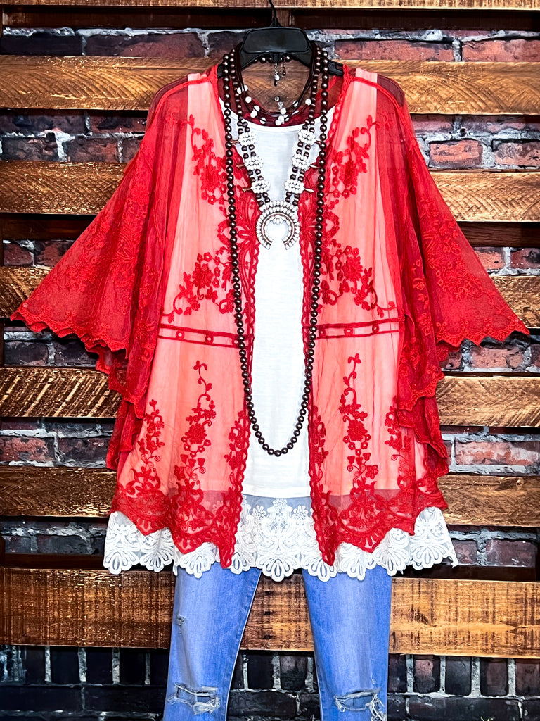 VINTAGE INSPIRED EMBROIDERED LACE KIMONO RUST -----------SALE