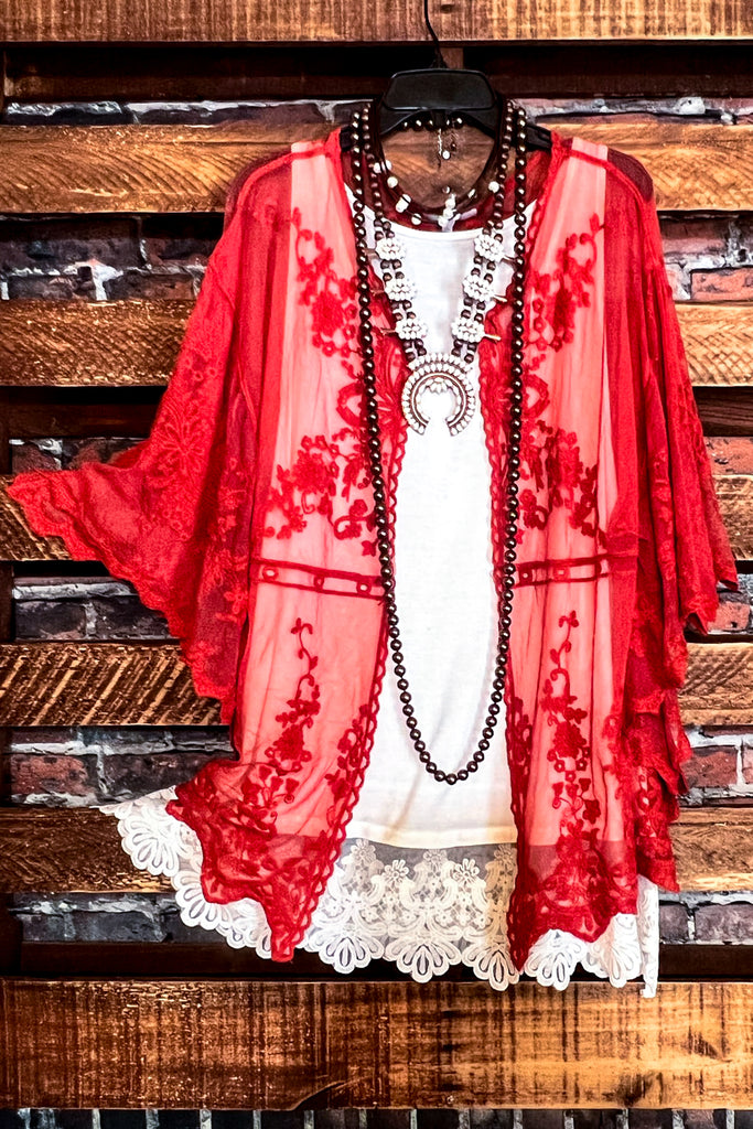 VINTAGE INSPIRED EMBROIDERED LACE KIMONO RUST -----------SALE