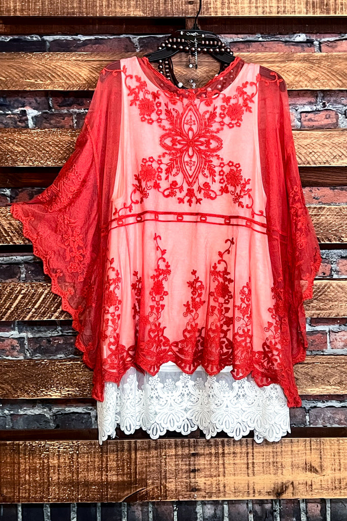 VINTAGE INSPIRED EMBROIDERED LACE KIMONO RUST -----------SALE