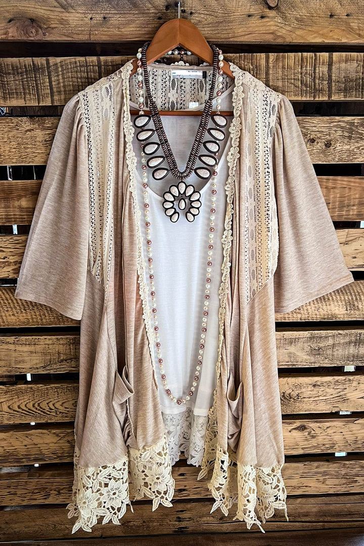 GRACEFUL DARLING  VINTAGE INSPIRED LACE CARDIGAN IN BEIGE