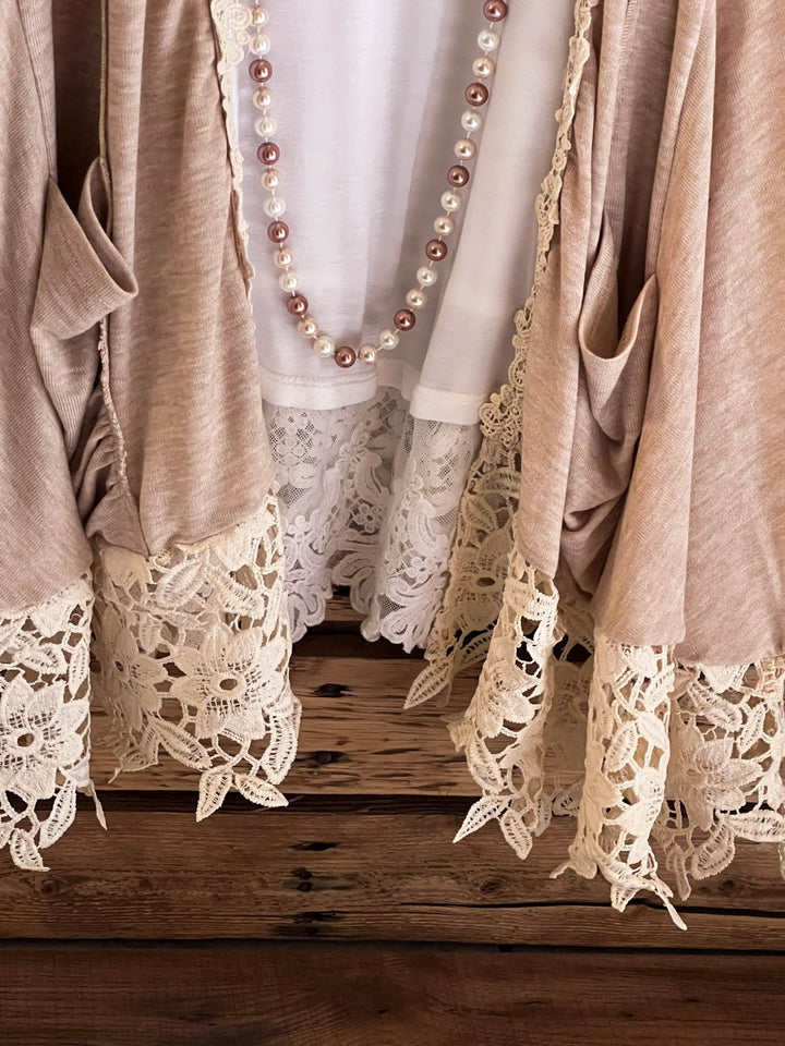 GRACEFUL DARLING  VINTAGE INSPIRED LACE CARDIGAN IN BEIGE