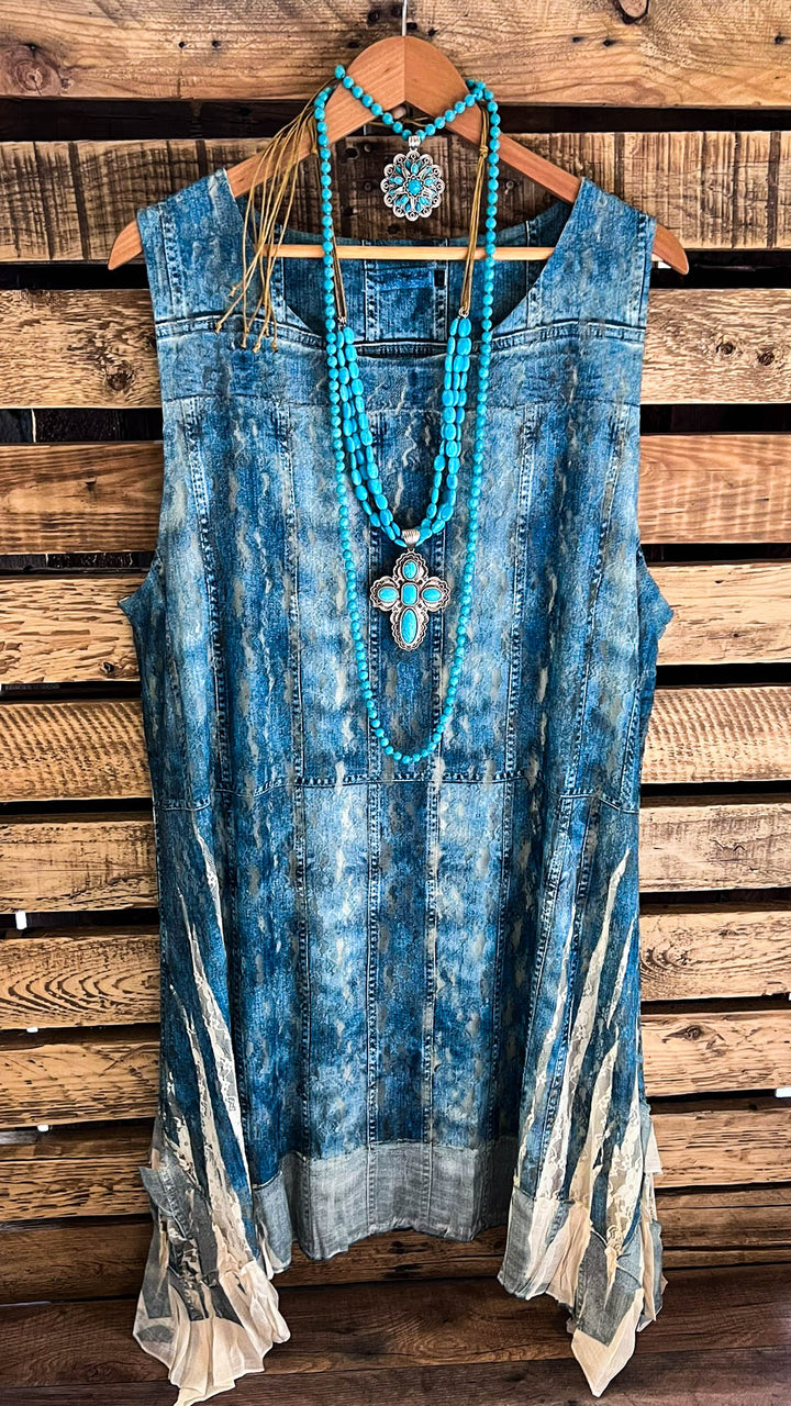 Young At Heart Blue Denim Lace Tunic