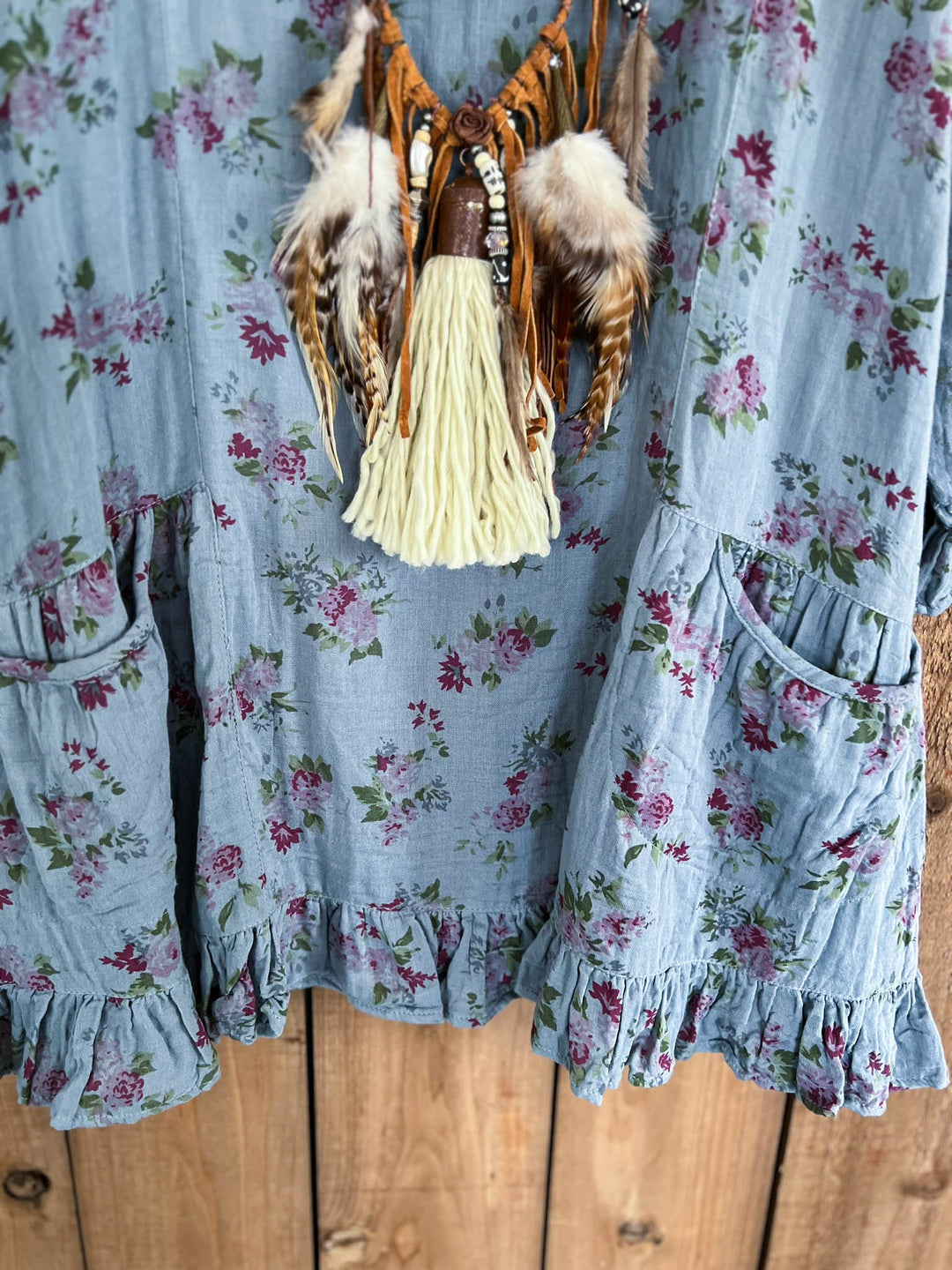 Whispering Blooms 100% Cotton Tunic Antique Blue Floral