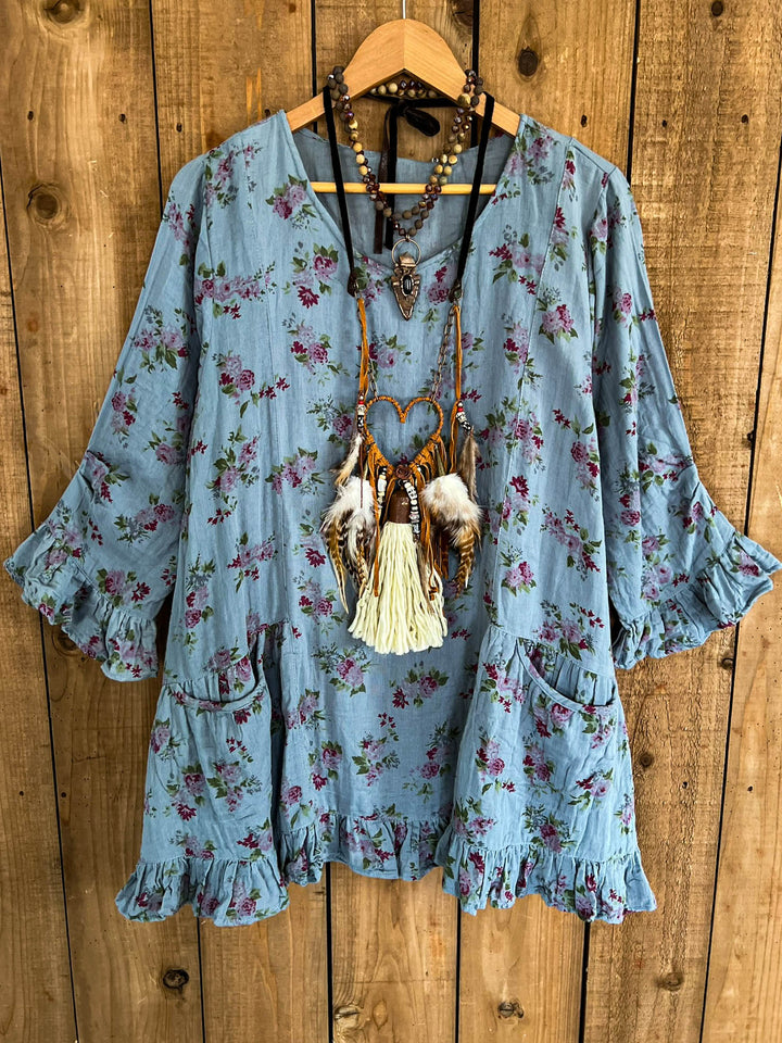 Whispering Blooms 100% Cotton Tunic Antique Blue Floral