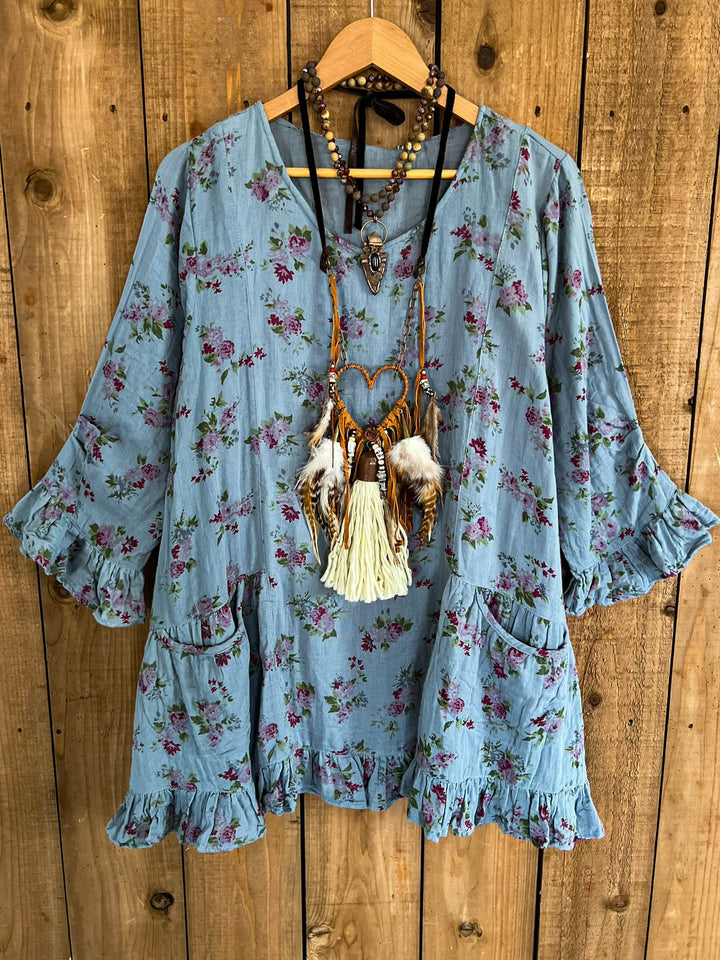 Whispering Blooms 100% Cotton Tunic Antique Blue Floral