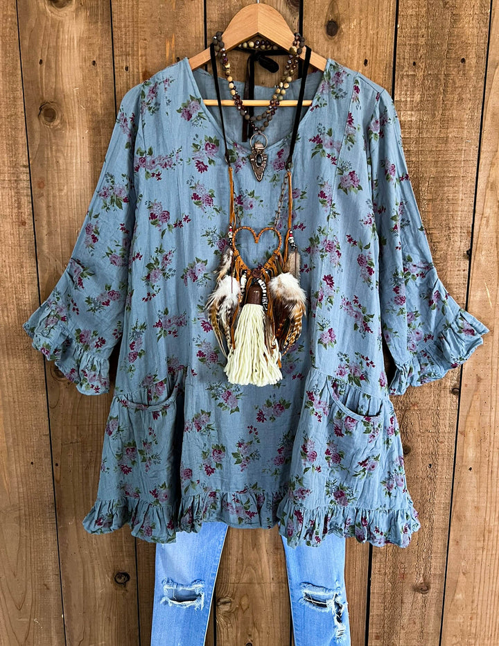 Whispering Blooms 100% Cotton Tunic Antique Blue Floral