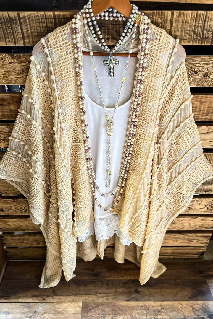 GENUINE SOUL SOFT BOHO EMBELLISHED KIMONO IN BEIGE