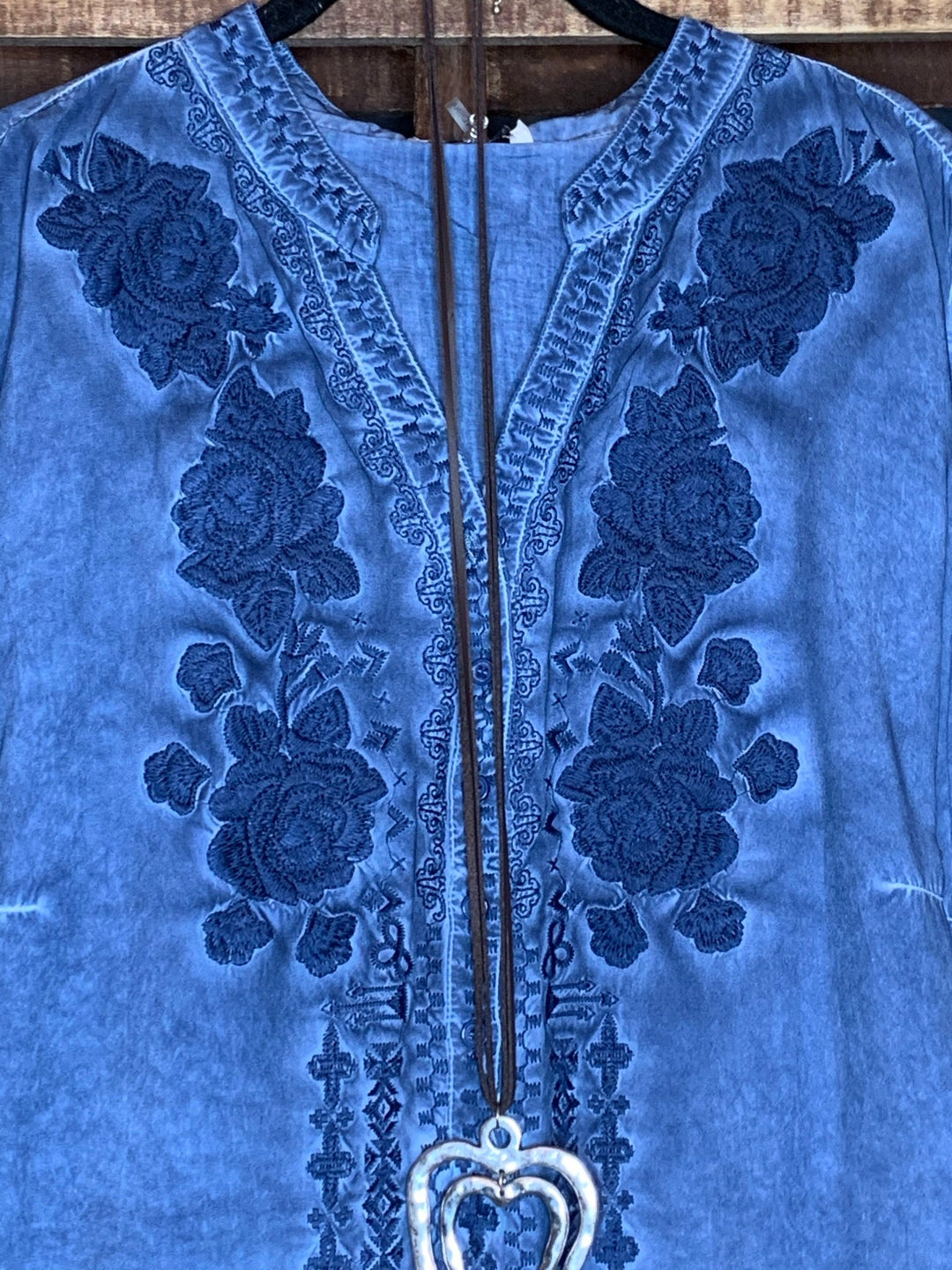 KEEP LOVE ALIVE EMBROIDERED DENIM BLUE DRESS TUNIC