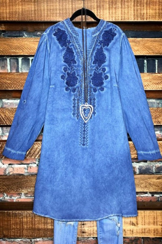 KEEP LOVE ALIVE EMBROIDERED DENIM BLUE DRESS TUNIC