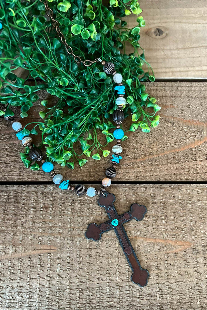 Blue Rose Cross Renaissance Inspired Necklace