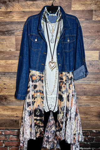All of the Stars Fab Lace Shirt Dress Jacket In Beige & Navy Denim