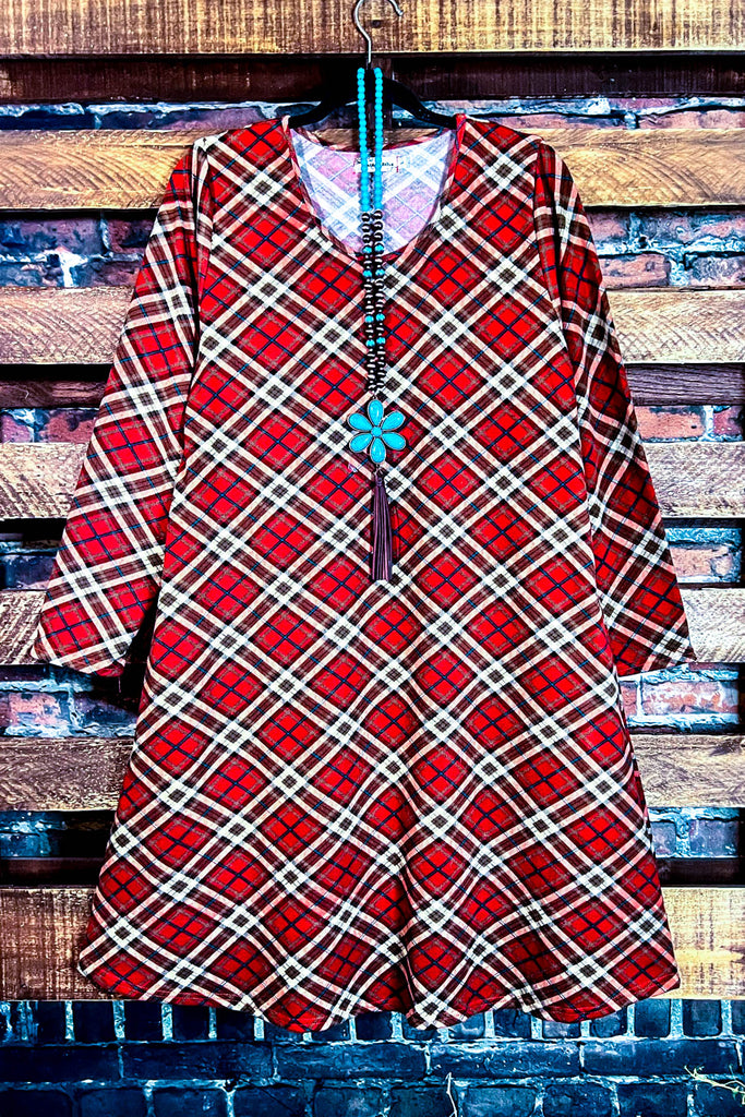 WALK THE LINE PLAID SWEATER DRESS LONG SLEEVE IN RED---------------sale