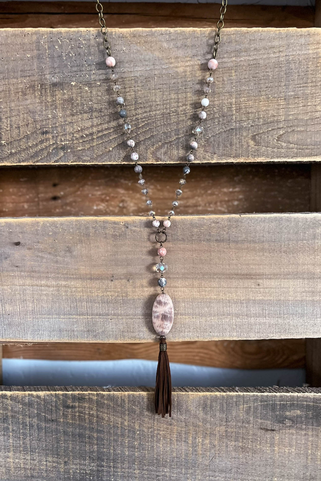 Natural Stone Beads & Charm Tassel Necklace