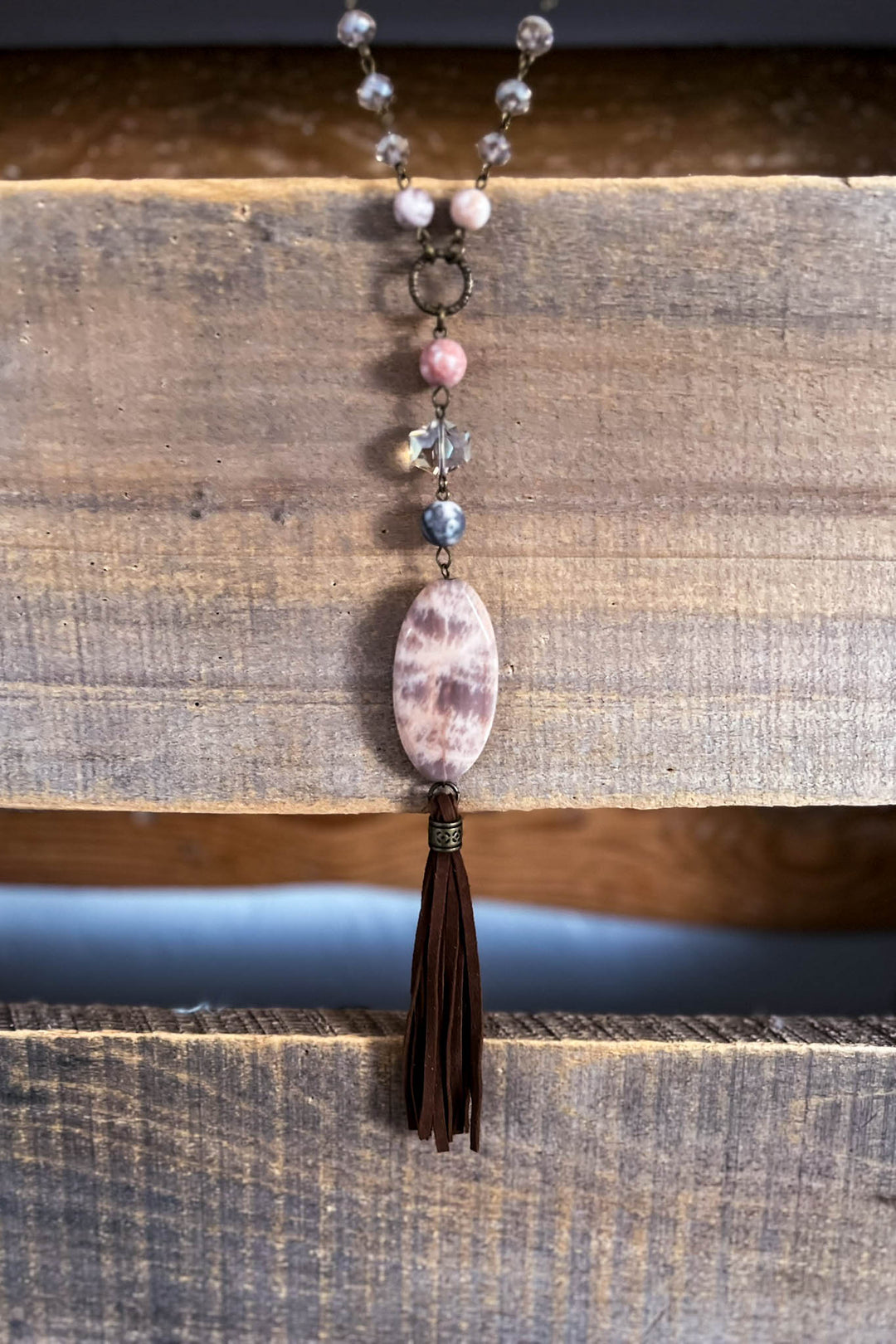 Natural Stone Beads & Charm Tassel Necklace