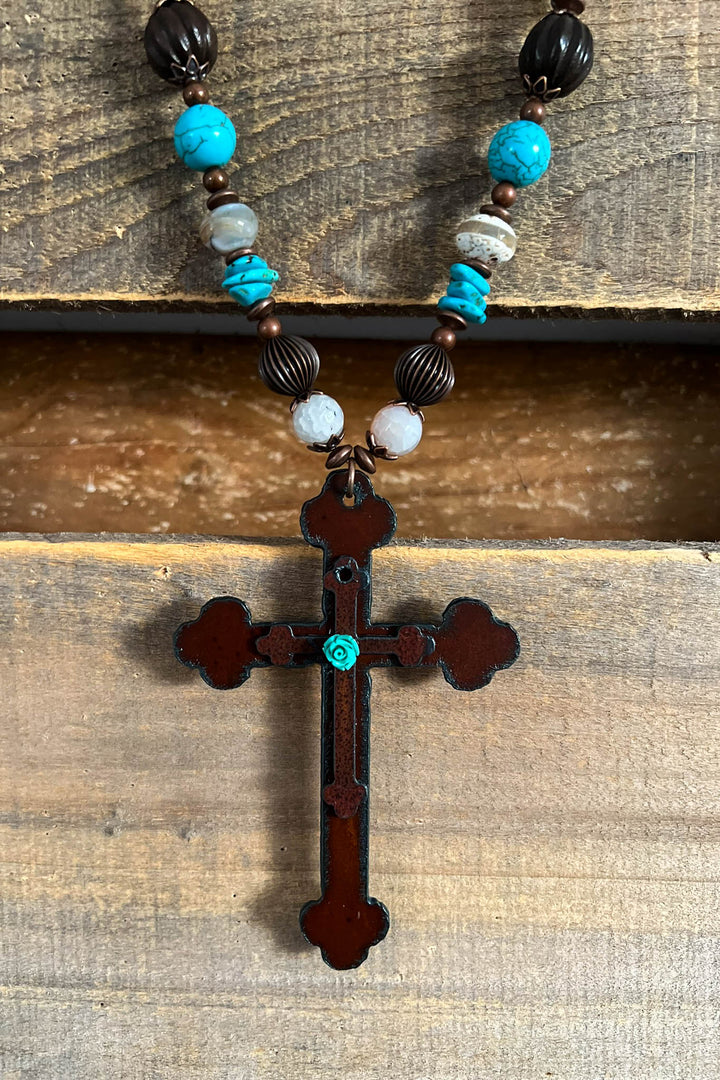 Blue Rose Cross Renaissance Inspired Necklace