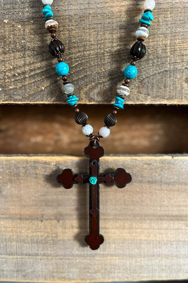 Blue Rose Cross Renaissance Inspired Necklace