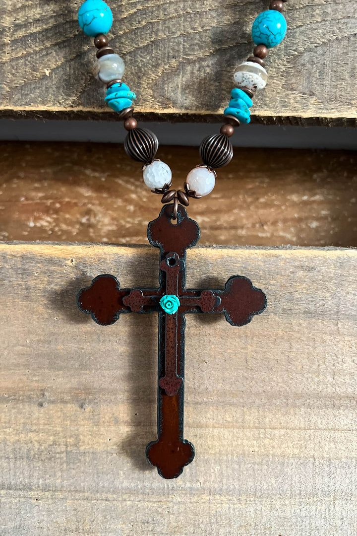 Blue Rose Cross Renaissance Inspired Necklace