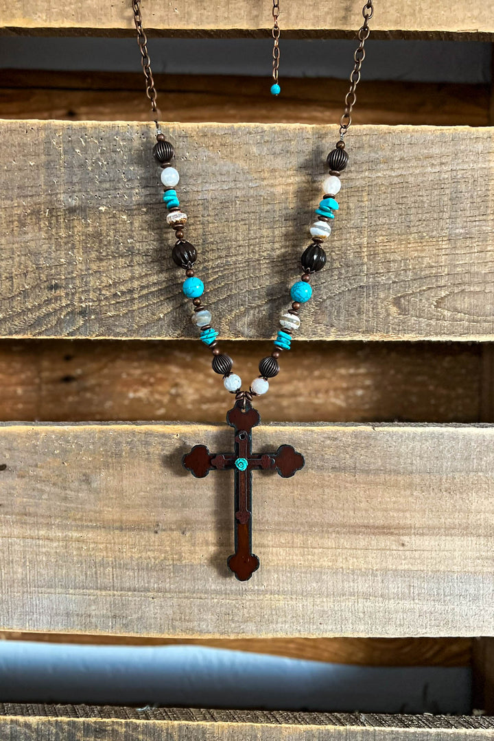 Blue Rose Cross Renaissance Inspired Necklace