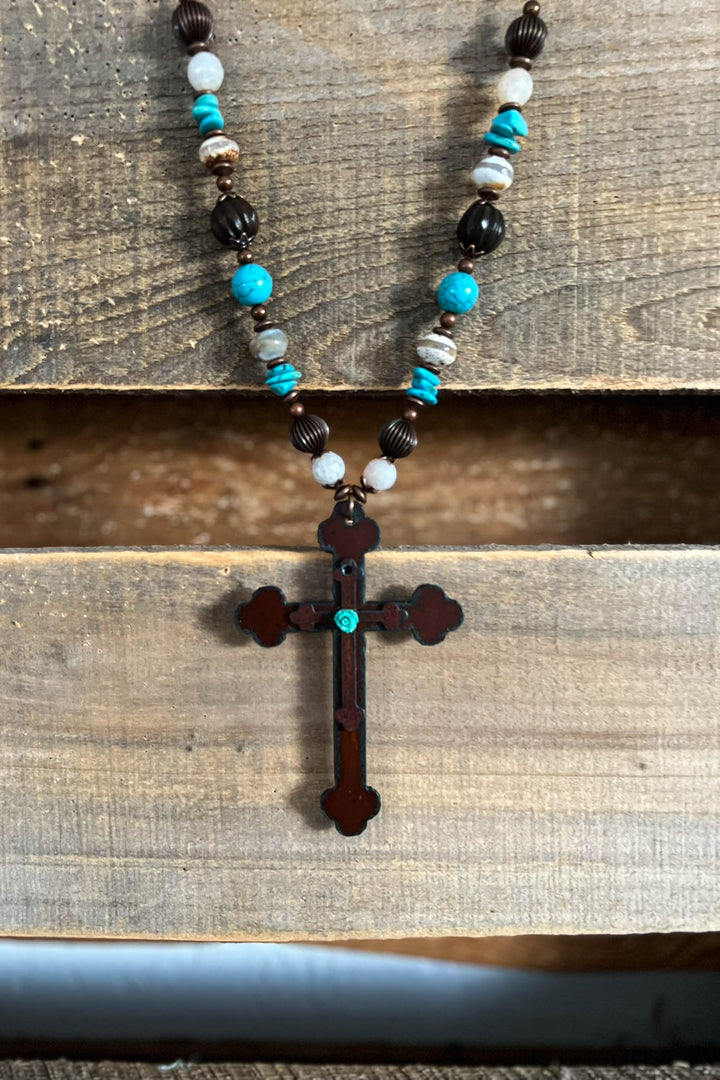 Blue Rose Cross Renaissance Inspired Necklace
