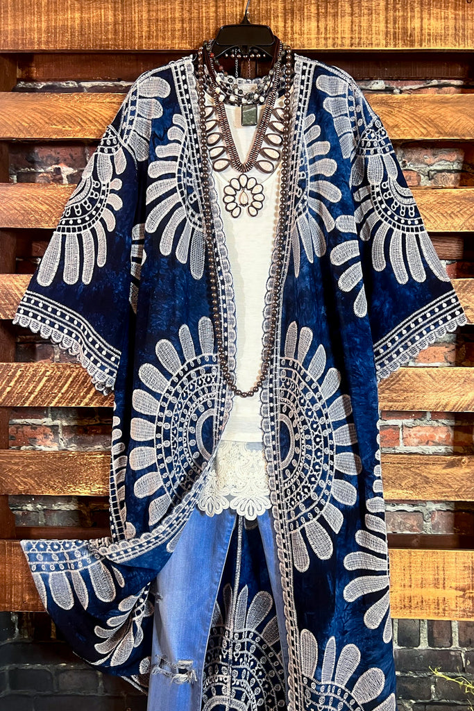Forever Joyful Boho Tie Dye & Embroidered Kimono in Navy Blue