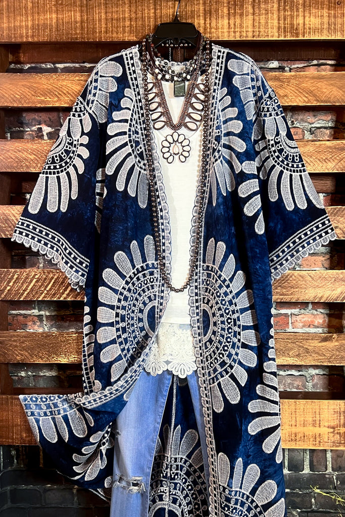 Forever Joyful Boho Tie Dye & Embroidered Kimono in Navy Blue