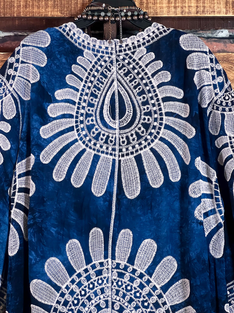 Forever Joyful Boho Tie Dye & Embroidered Kimono in Navy Blue