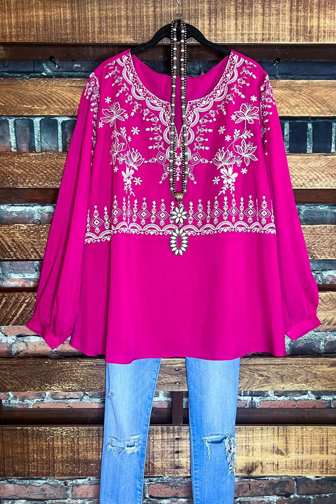 INSPIRED TO DREAM AGAIN HOT PINK PRETTY EMBROIDERY TOP