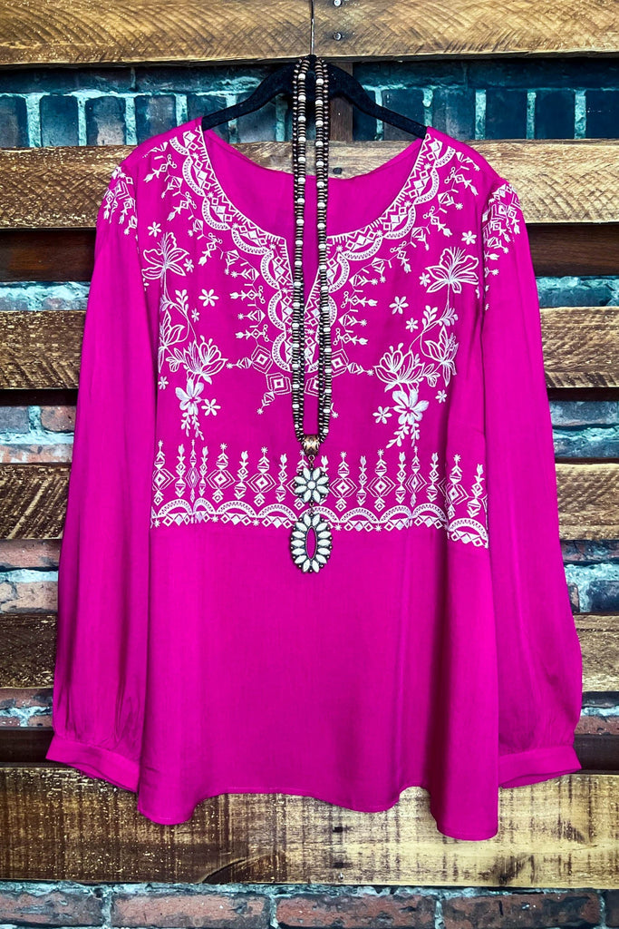 INSPIRED TO DREAM AGAIN HOT PINK PRETTY EMBROIDERY TOP