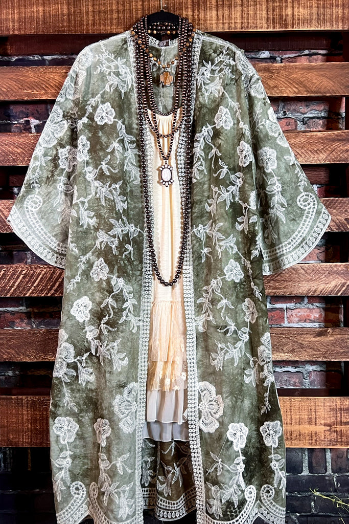 Le Bohemian Magic Dance Tie Dye & Embroidered Kimono in Olive