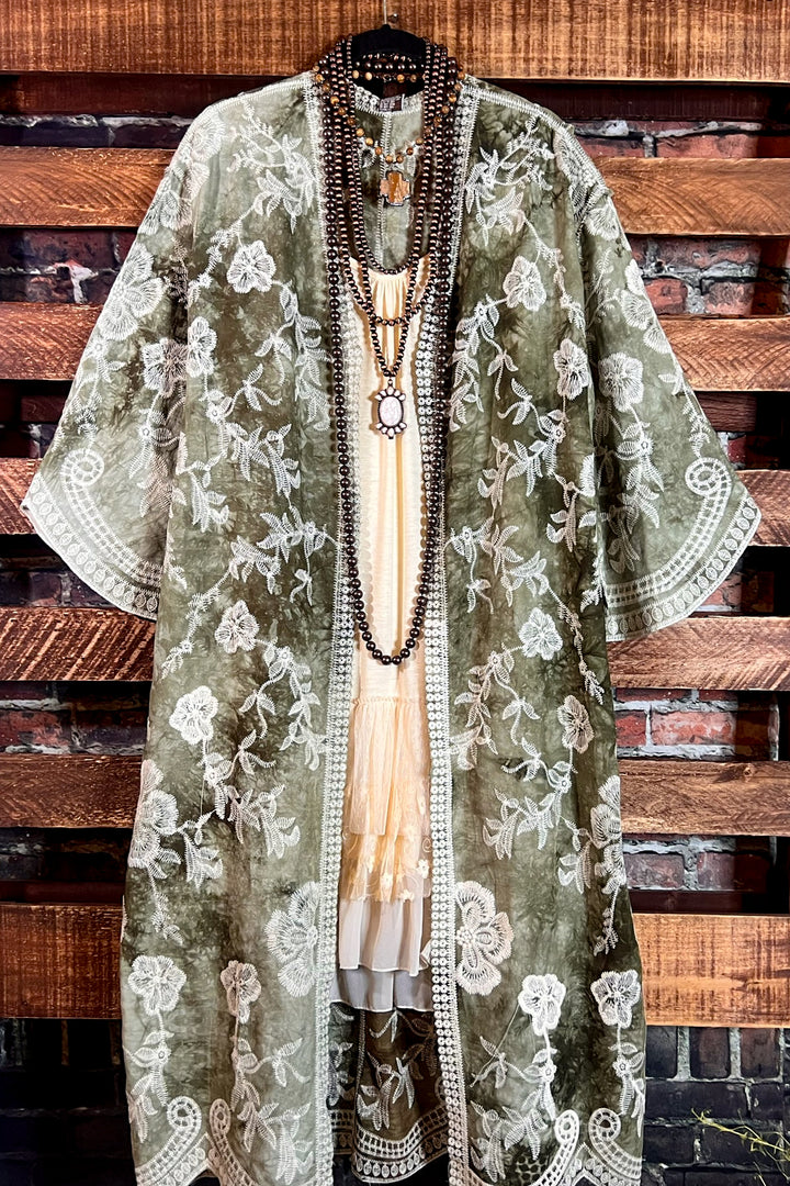 Le Bohemian Magic Dance Tie Dye & Embroidered Kimono in Olive
