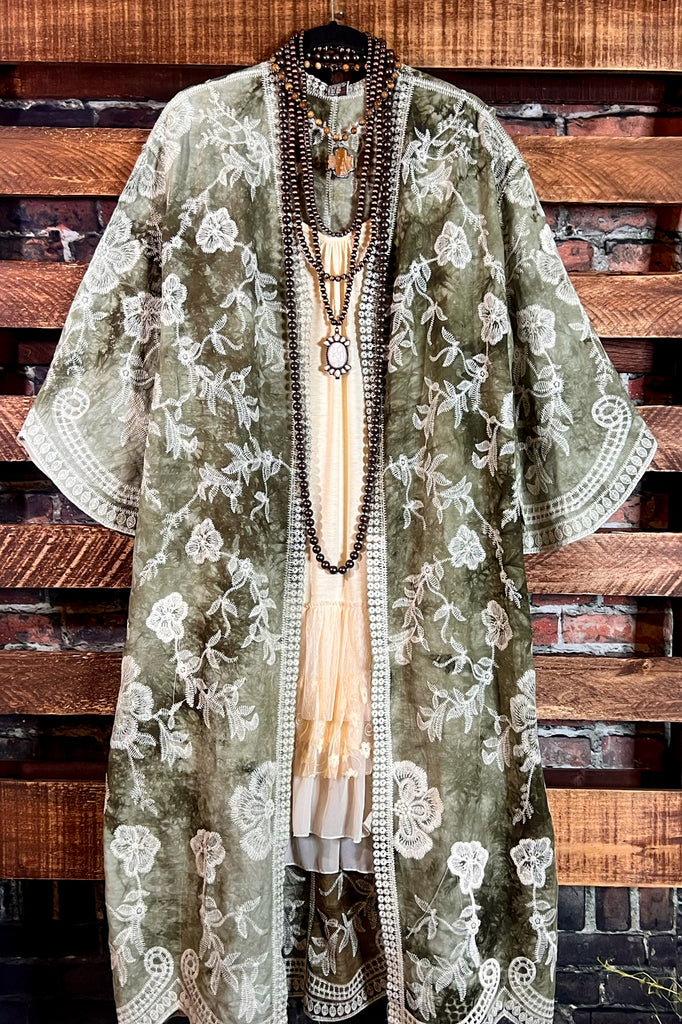 Le Bohemian Magic Dance Tie Dye & Embroidered Kimono in Olive