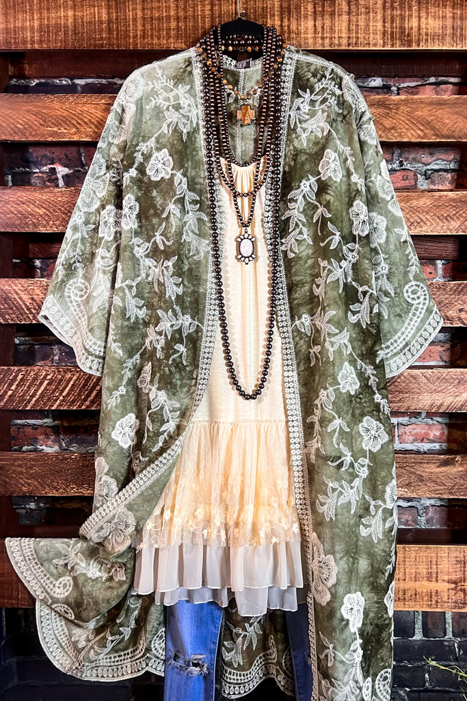 Le Bohemian Magic Dance Tie Dye & Embroidered Kimono in Olive