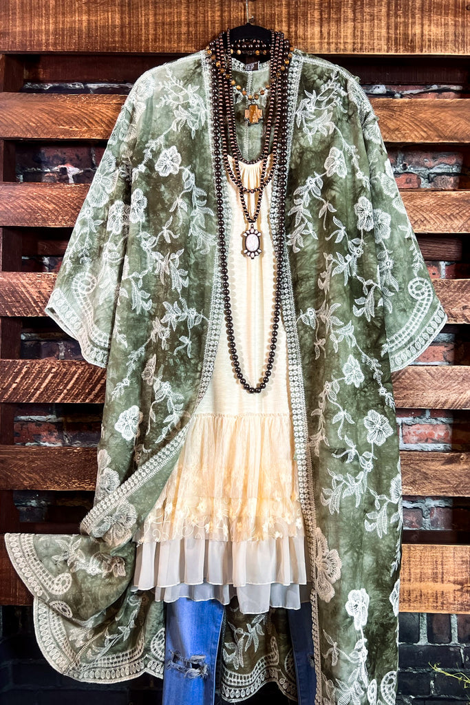 Le Bohemian Magic Dance Tie Dye & Embroidered Kimono in Olive