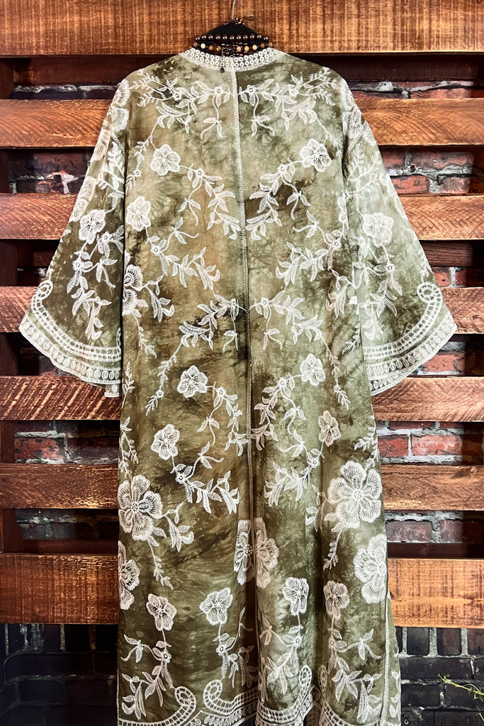 Le Bohemian Magic Dance Tie Dye & Embroidered Kimono in Olive