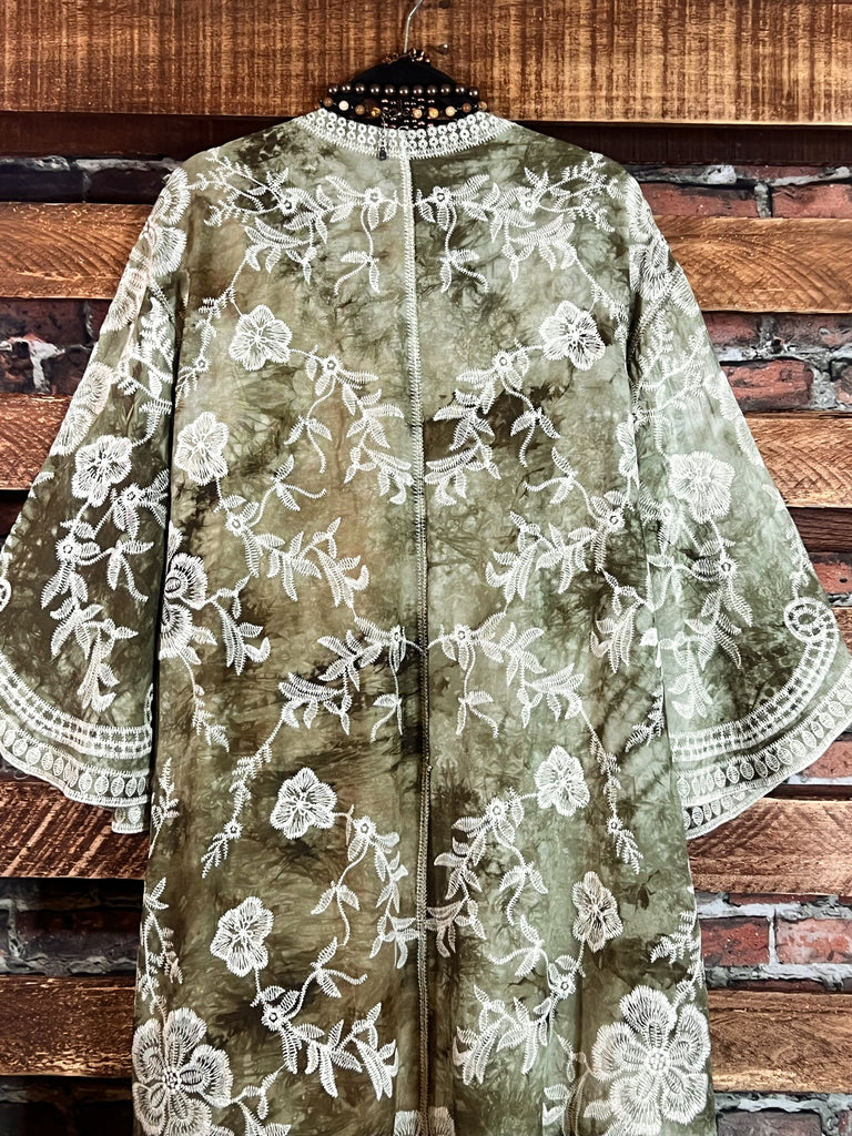 Le Bohemian Magic Dance Tie Dye & Embroidered Kimono in Olive