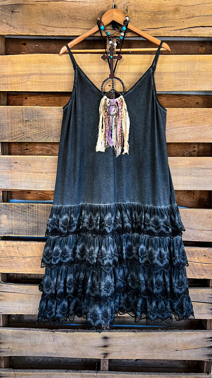 Lacey Layers Maxi Dress Cotton Linen Blend - Made in USA - Black