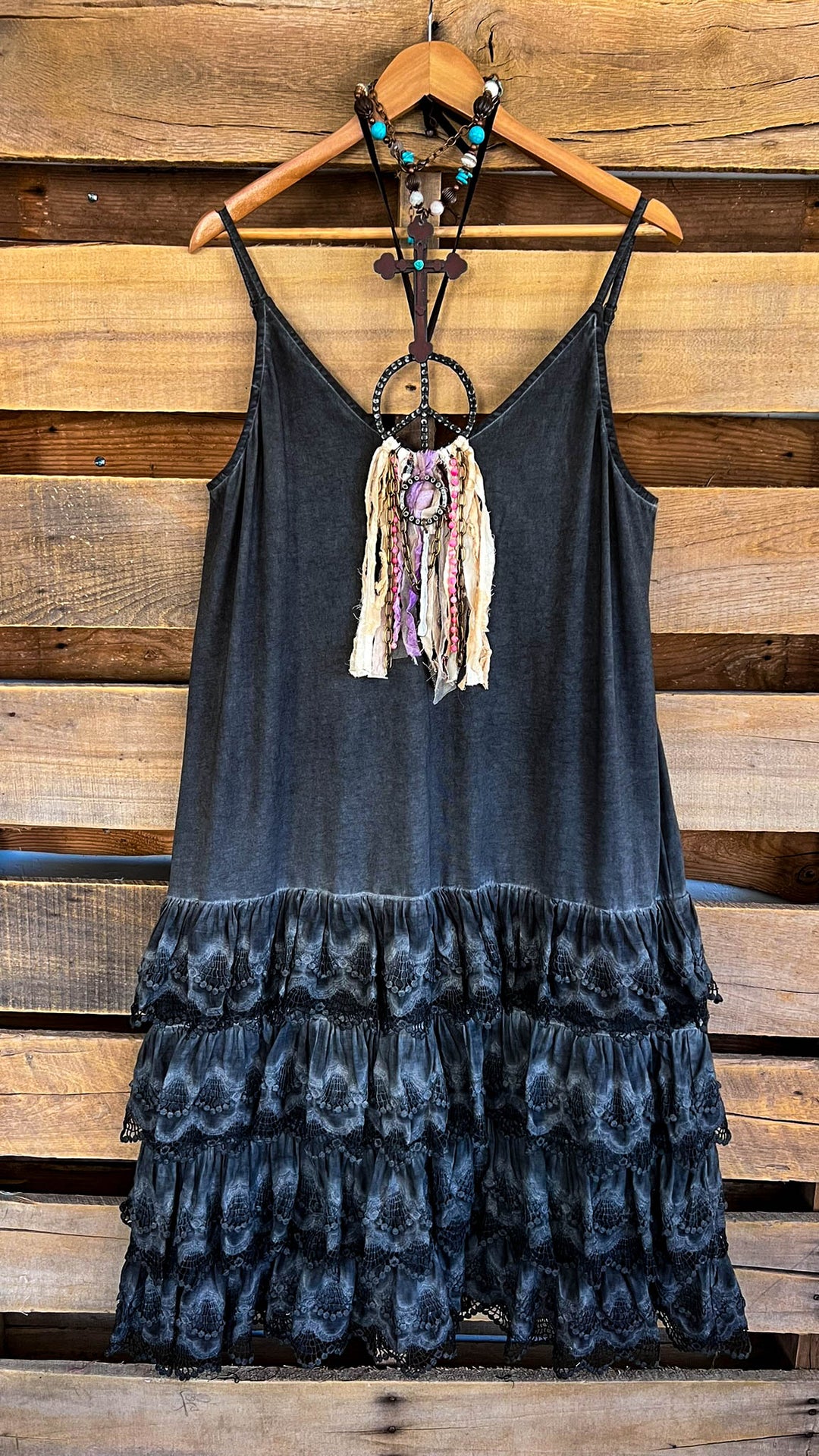 Lacey Layers Maxi Dress Cotton Linen Blend - Made in USA - Black