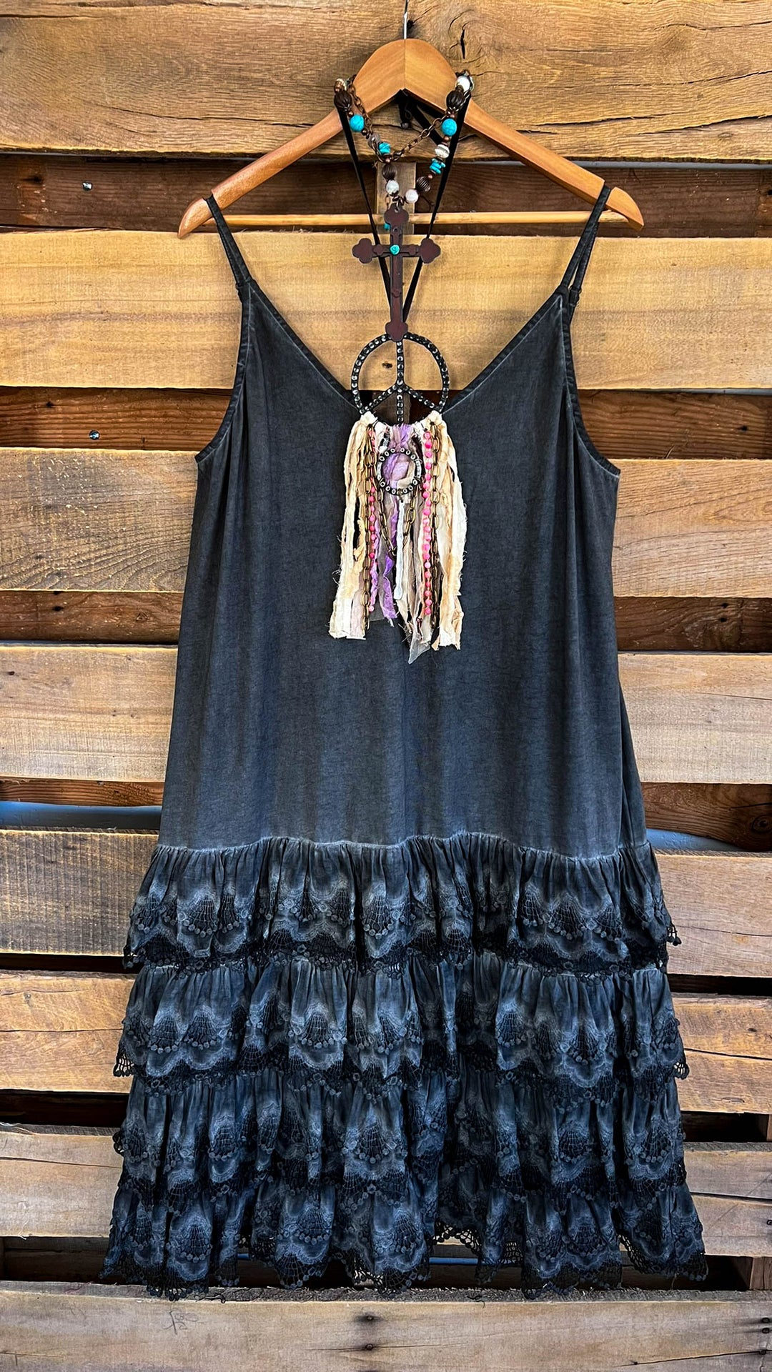 Lacey Layers Maxi Dress Cotton Linen Blend - Made in USA - Black