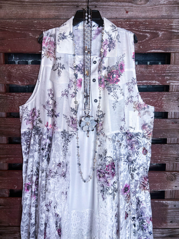 A Touch Of Love Fab. Lace Long Vest In Ivory & Multi-Color