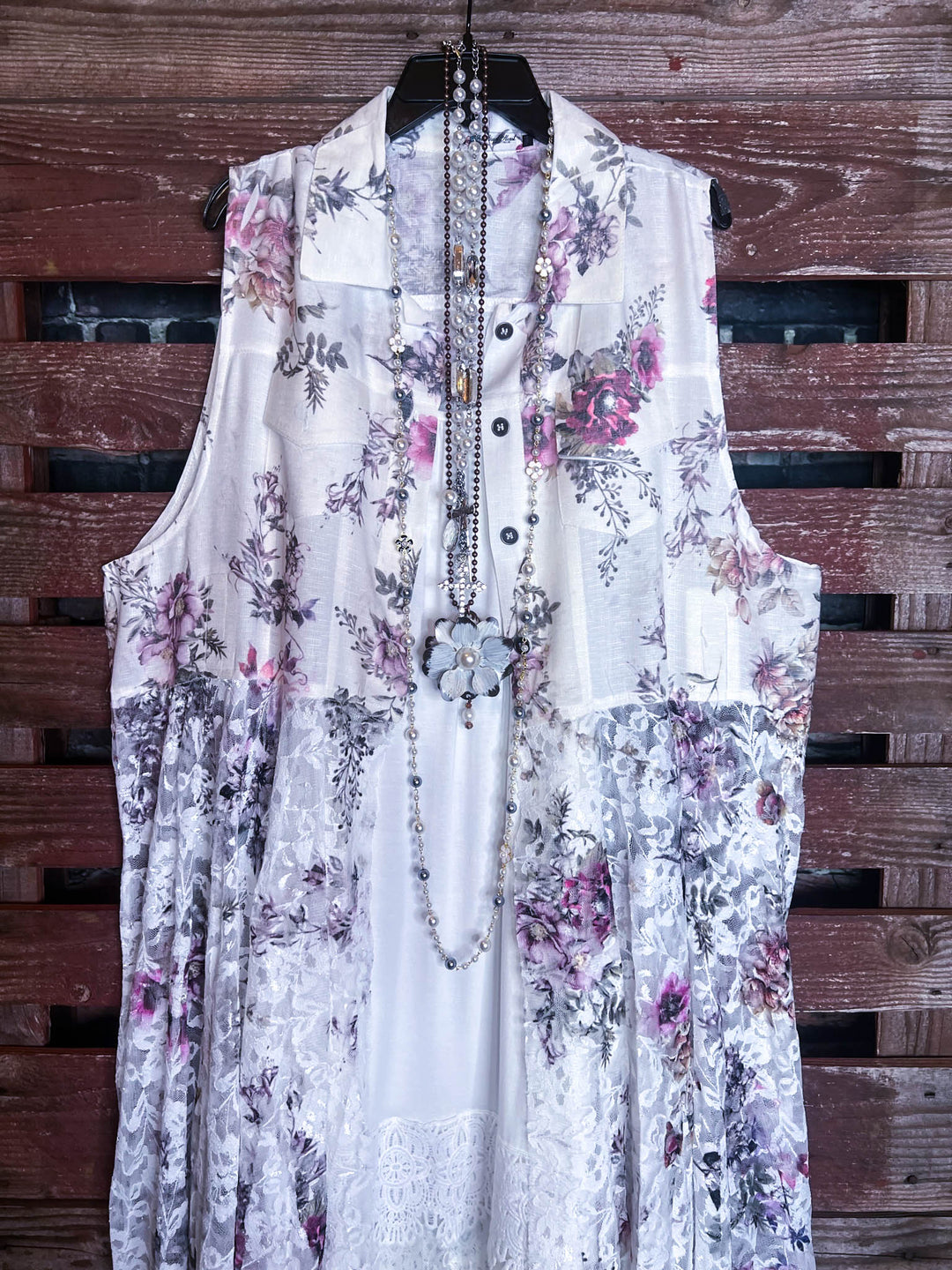 A Touch Of Love Fab. Lace Long Vest In Ivory & Multi-Color