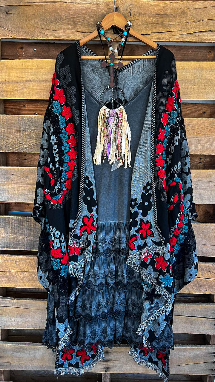 Lacey Layers Maxi Dress Cotton Linen Blend - Made in USA - Black