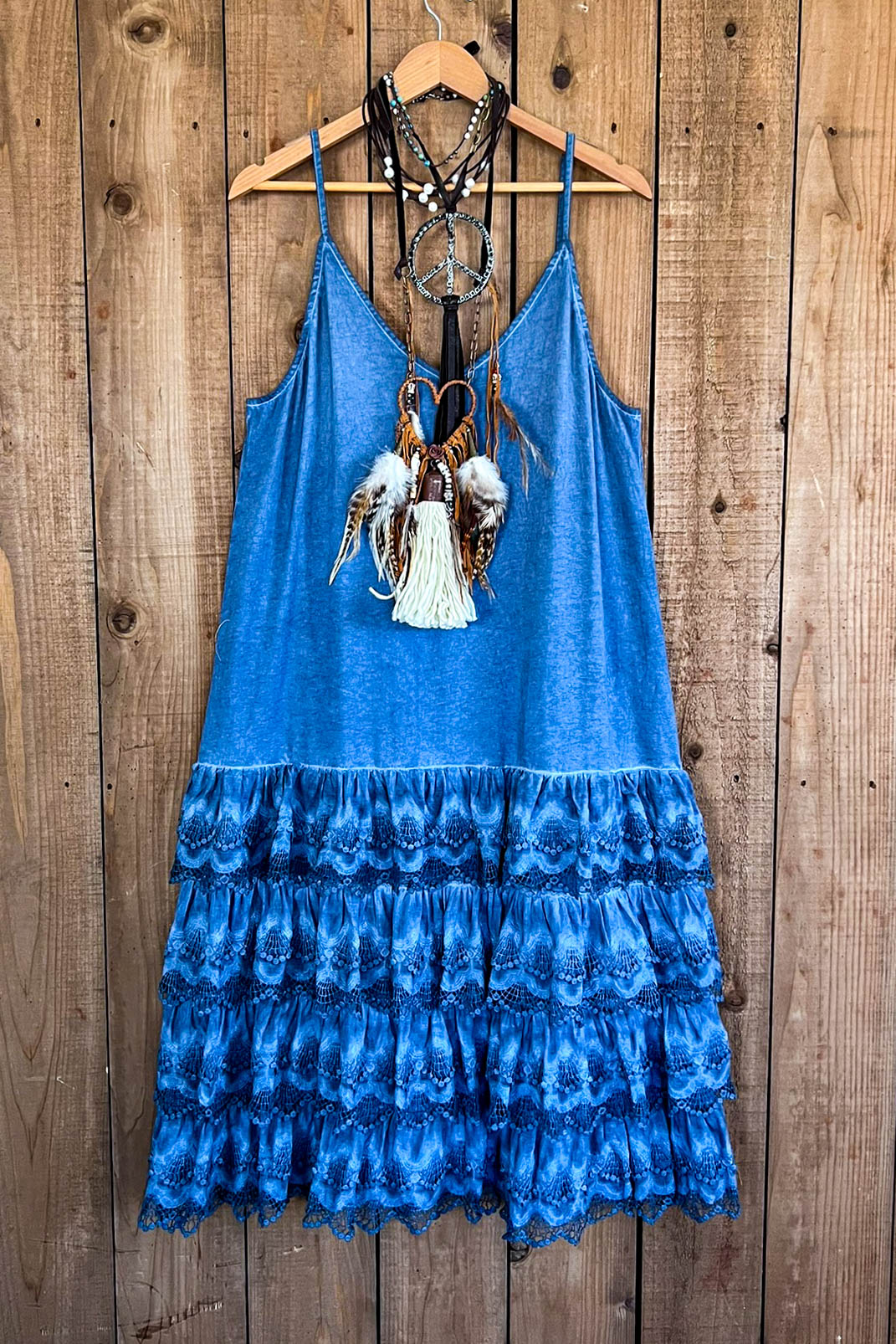 Lacey Layers Maxi Dress Cotton Linen Blend - Made in USA - Blue Denim