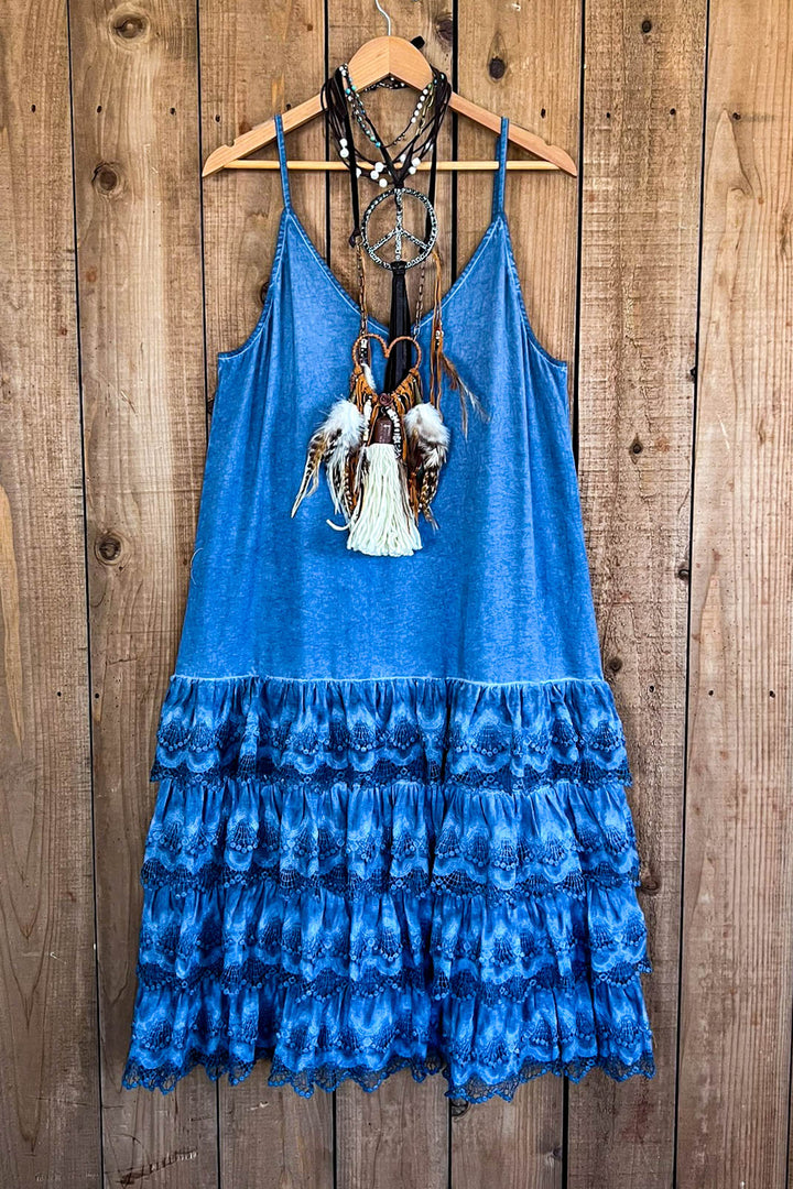 Lacey Layers Maxi Dress Cotton Linen Blend - Made in USA - Blue Denim