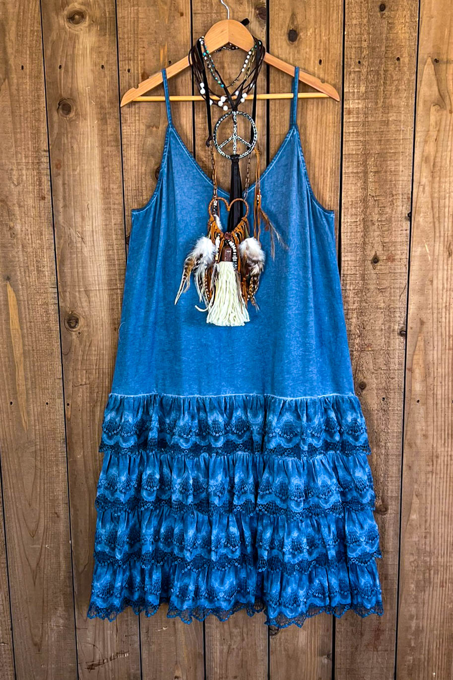 Lacey Layers Maxi Dress Cotton Linen Blend - Made in USA - Blue Denim