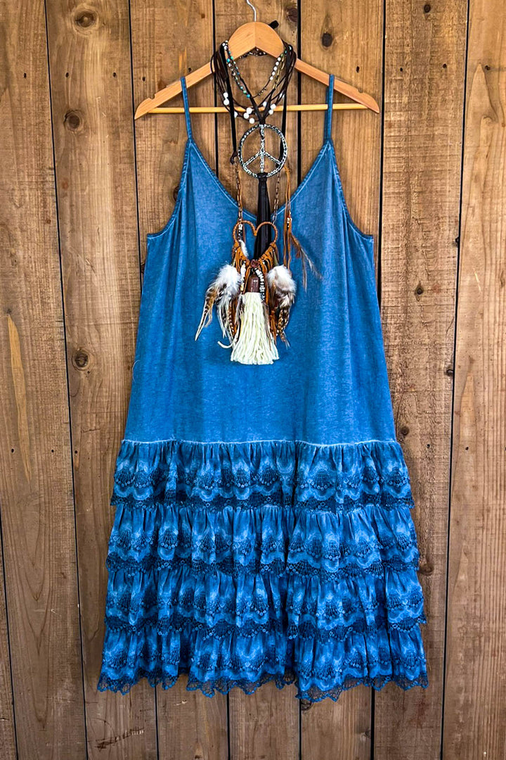 Lacey Layers Maxi Dress Cotton Linen Blend - Made in USA - Blue Denim