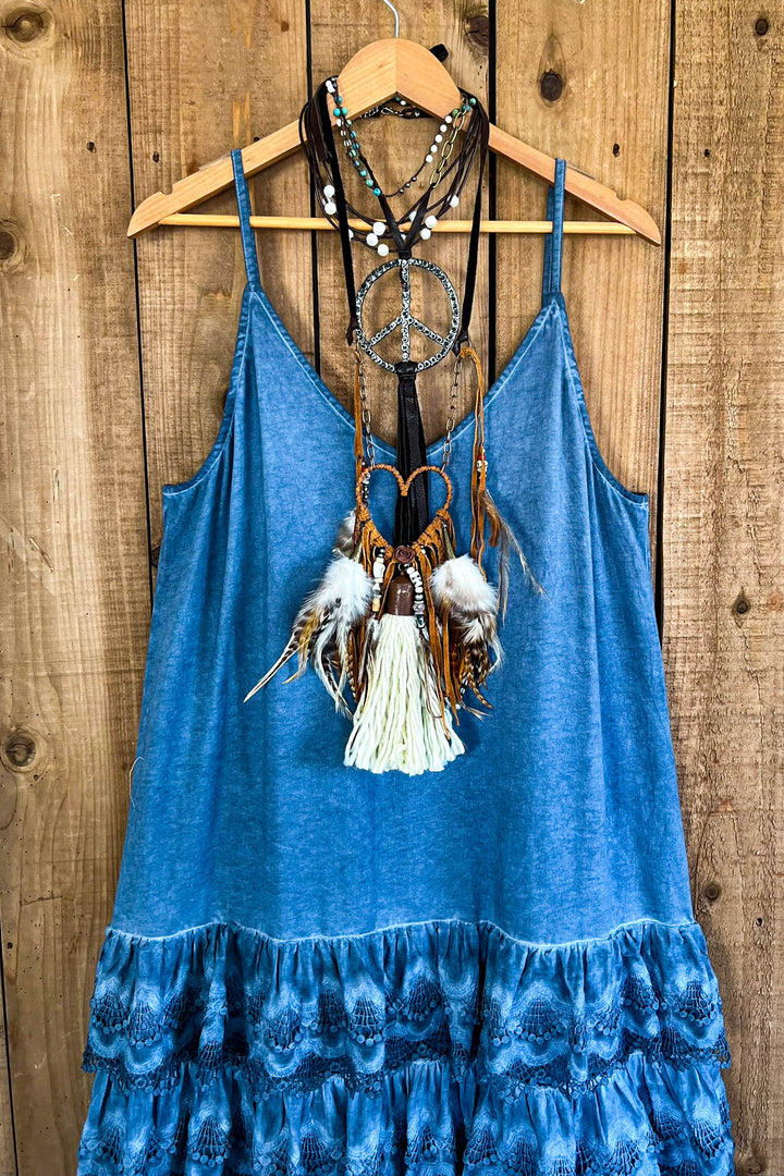 Lacey Layers Maxi Dress Cotton Linen Blend - Made in USA - Blue Denim