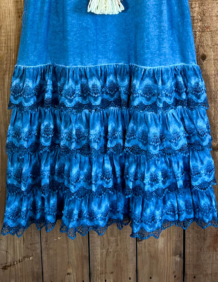 Lacey Layers Maxi Dress Cotton Linen Blend - Made in USA - Blue Denim