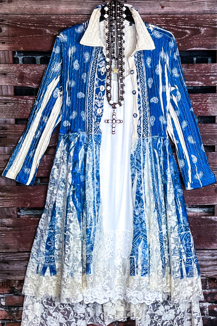 INDIGO MOON FAB PAISLEYS LACE CARDIGAN LONG JACKET BLUE ROYAL