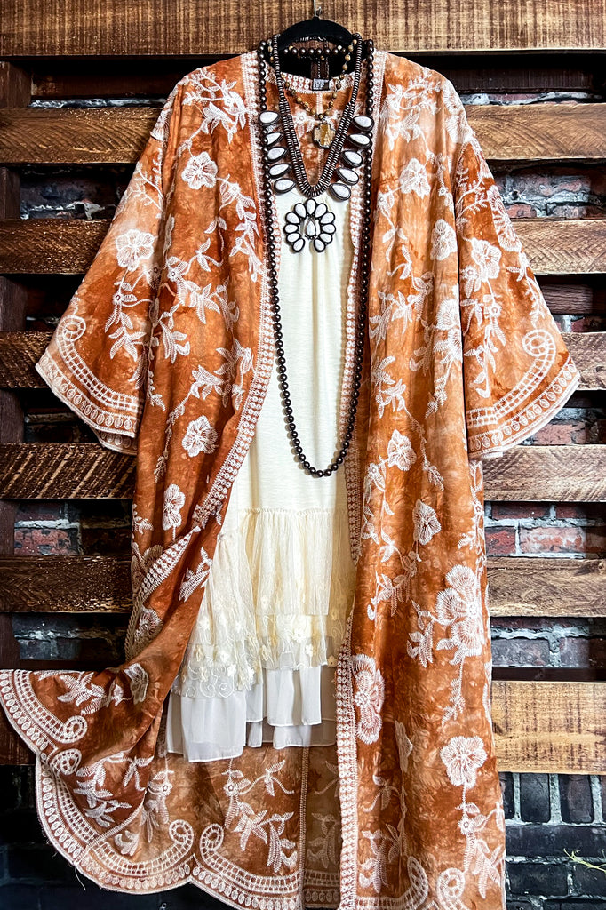 Le Bohemian Magic Dance Tie Dye & Embroidered Kimono in Beige & Rust