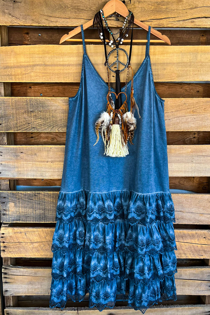 Lacey Layers Maxi Dress Cotton Linen Blend - Made in USA - Blue Denim
